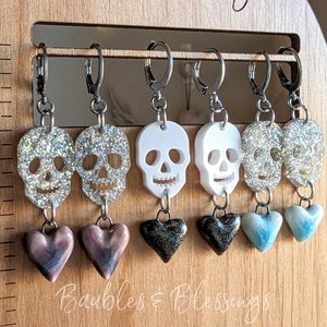 Glittery Skull Earrings with Blue Ceramic Hearts
