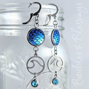 Mermaid Scale Earrings with Waves & Blue Crystals