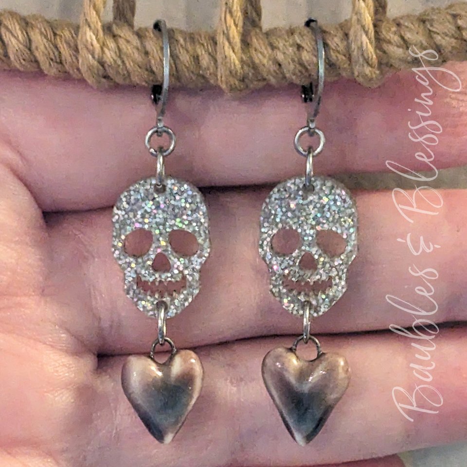 Glittery Skull Earrings with Purple Ceramic Hearts