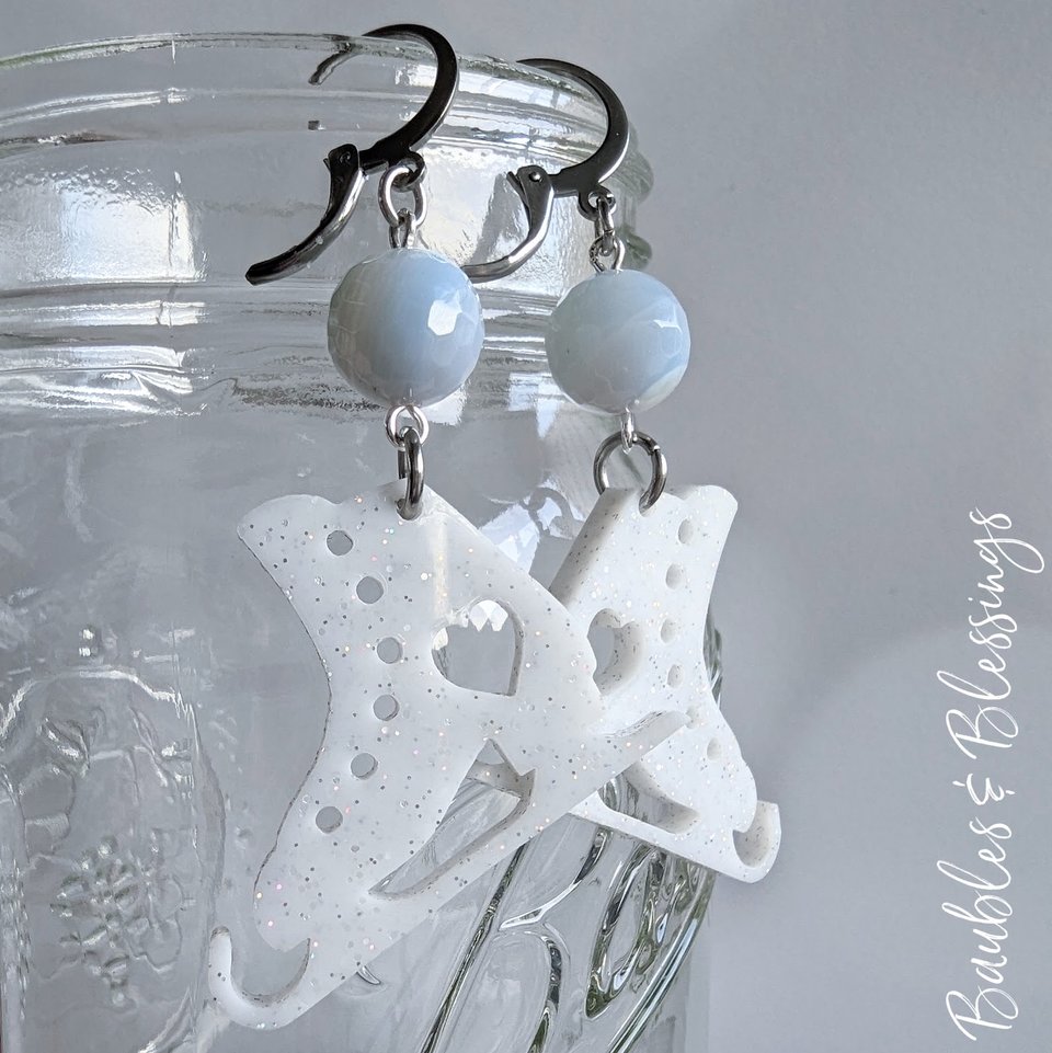 Sparkly Acrylic Ice Skate Earrings with Faceted Blue Agate