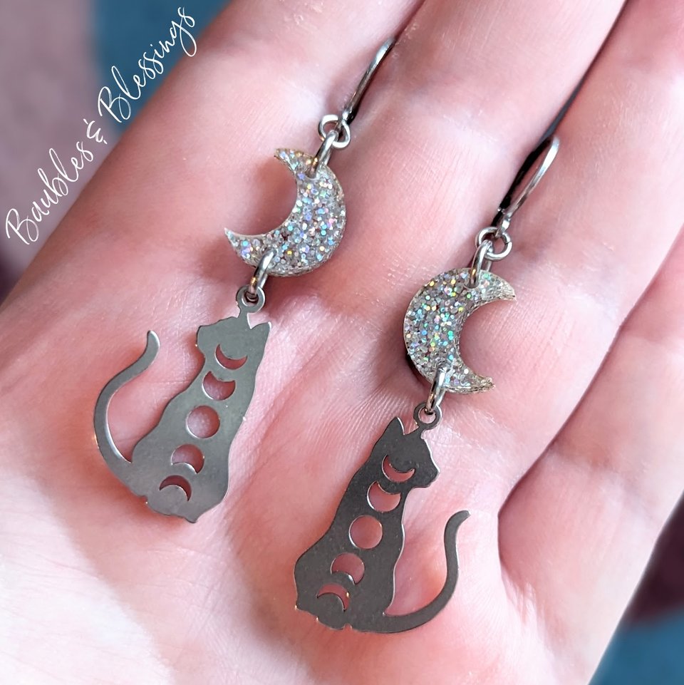 Lunar Kitty Earrings with Glittery Crescent Moons