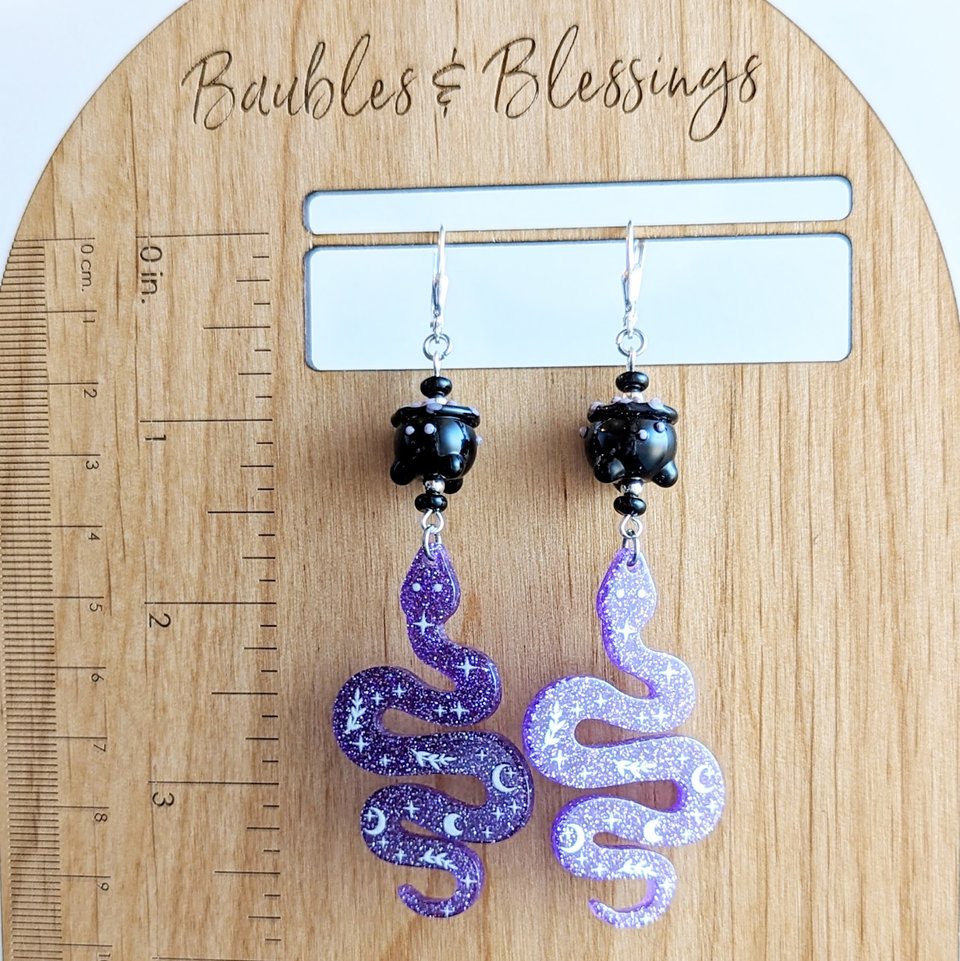 Witchy Purple Snake Earrings with Lampwork Cauldrons