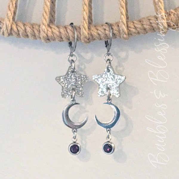 Moon Earrings with Glittery Stars & Purple Crystals