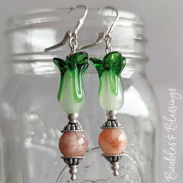 Bok Choy Earrings with Sterling Silver & Sunstone