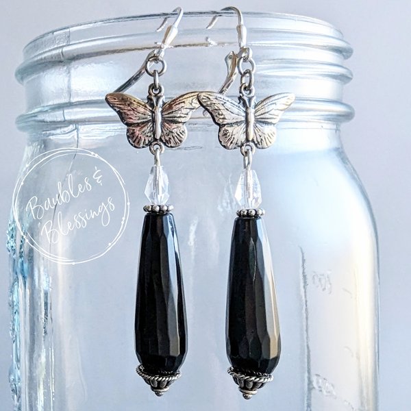 Butterfly Earrings with Onyx Teardrop & Sterling Silver