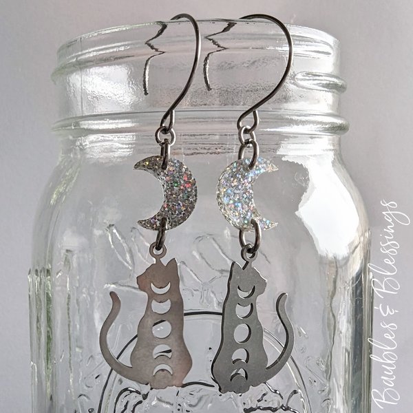 Lunar Kitty Earrings with Glittery Crescent Moons
