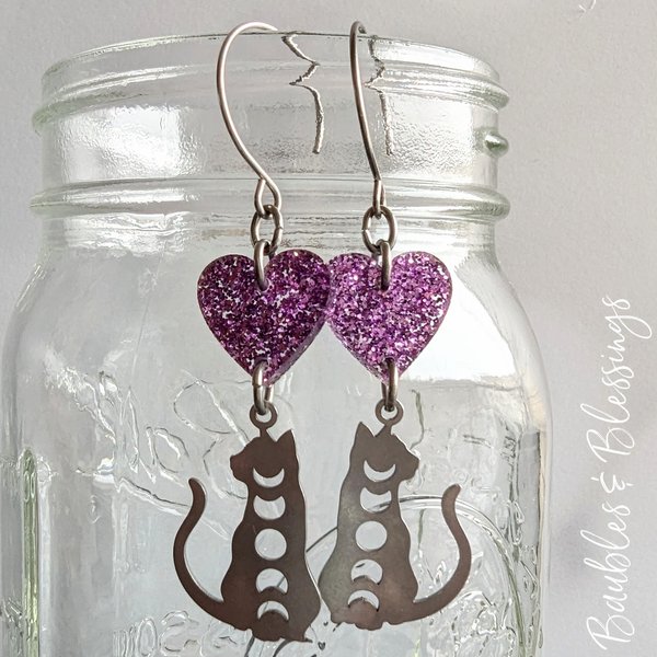Lunar Kitty Earrings with Glittery Purple Hearts
