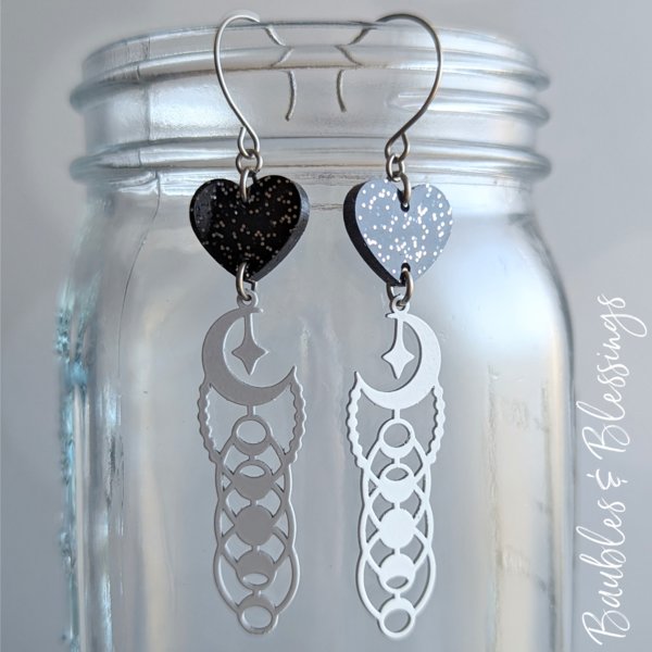Moon Phase Earrings with Glittery Black Hearts