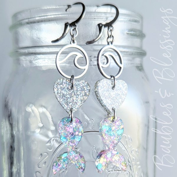 Mermaid Tail Earrings with Holographic Glitter Hearts