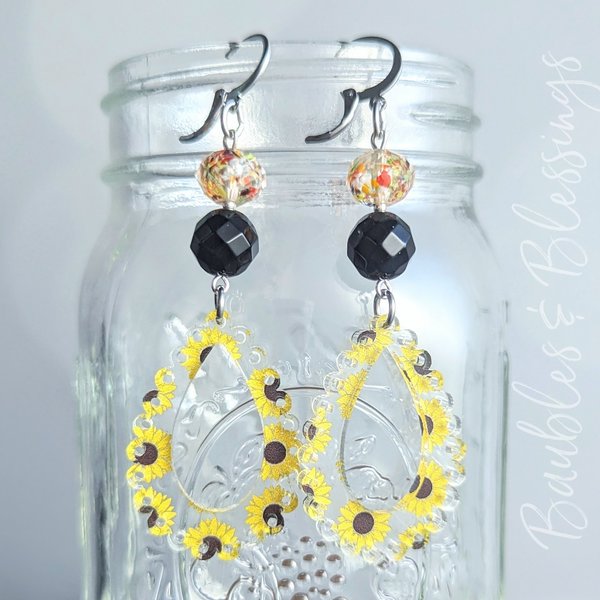 Acrylic Teardrop Earrings with Sunflowers & Lampwork Beads