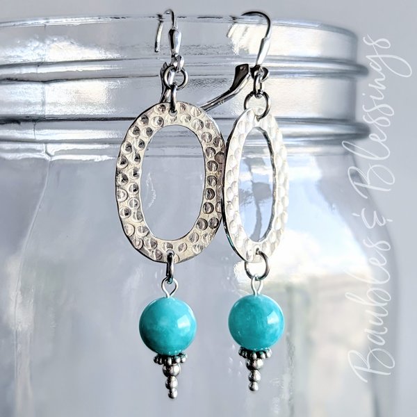 Hammered Oval Earrings with Amazonite & Sterling Silver