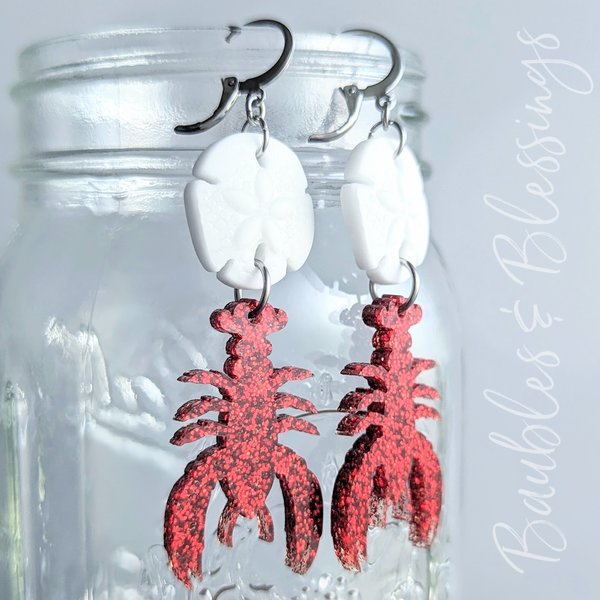 Acrylic Lobster Earrings with Czech Glass Sand Dollars