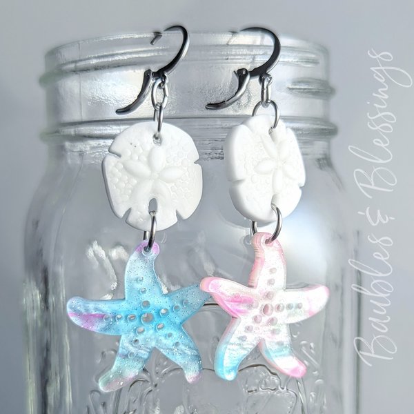 Acrylic Starfish Earrings with Czech Glass Sand Dollars