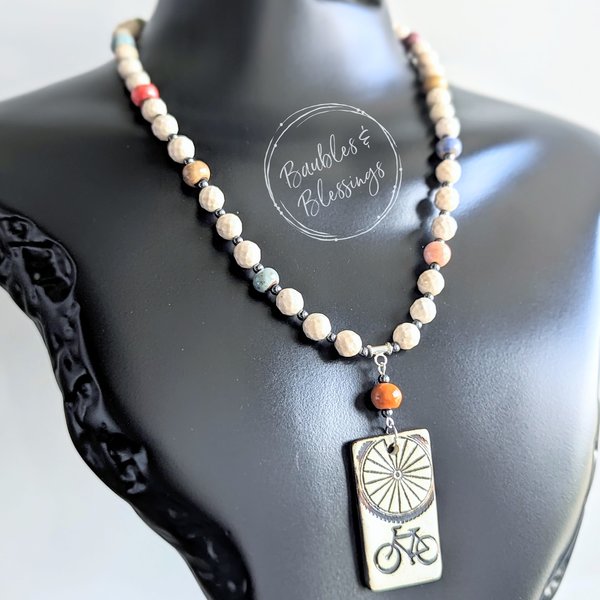 Colorful Bicycle Necklace with Handmade Ceramic Bits