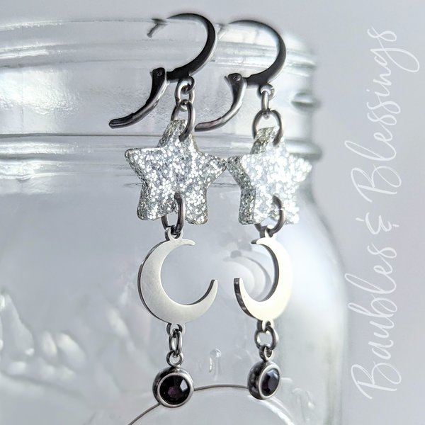 Moon Earrings with Glittery Stars & Purple Crystals