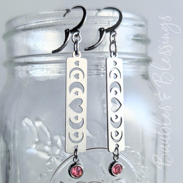 Heart Moon Phase Earrings with Wee Pink Crystals