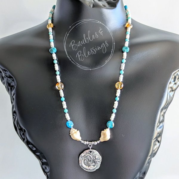 Mermaid Necklace with Apatite, Citrine & Shell Beads