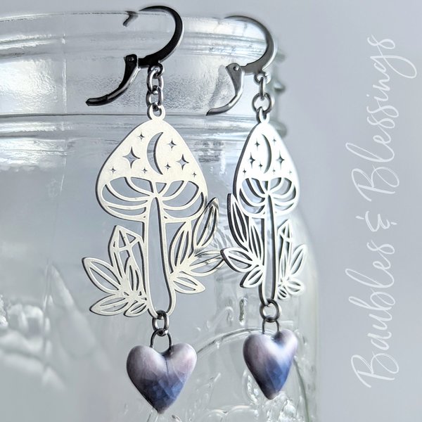 Witchy Mushroom Earrings with Purple Ceramic Hearts