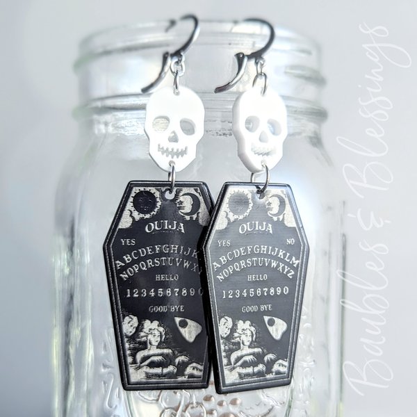 Coffin-shaped Ouija Board Earrings with Acrylic Skulls