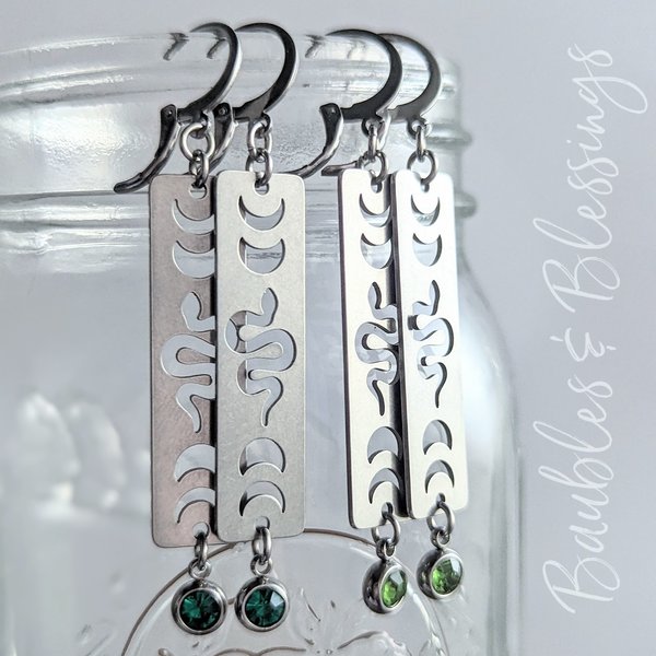 Moon Phase Earrings with Snakes & Green Crystals