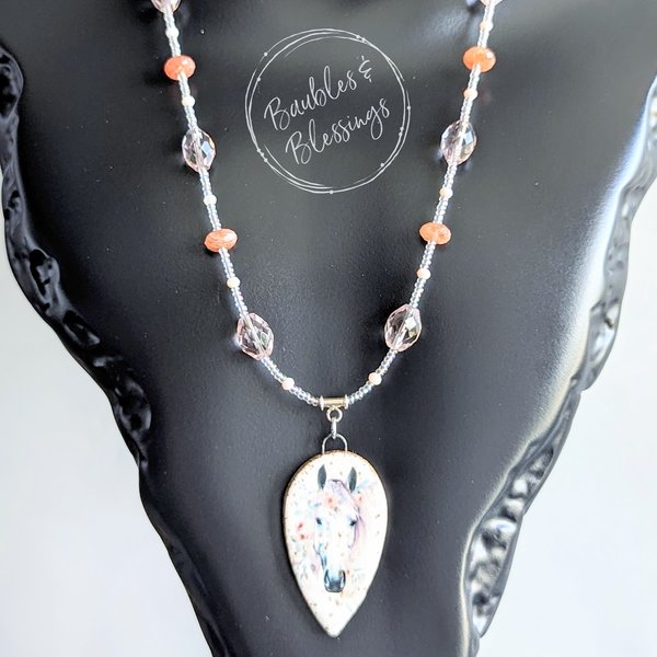 Springy Horse Necklace with Sunstone, Pink Opal & Czech Glass