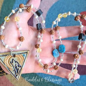 Long Wolf Necklace with Rudraksha Seeds & Gemstone Beads
