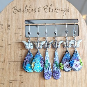 Butterfly Earrings with Lampwork Enameled Purple Flowers