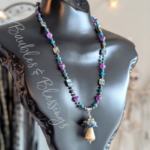 Galaxy Mushroom Necklace with Amethyst & Pāua Shell