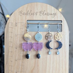 Glittery Black Crescent Moon Earrings with Pentagrams