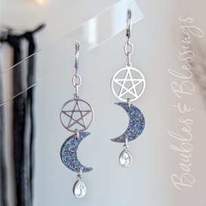 Glittery Black Crescent Moon Earrings with Pentagrams
