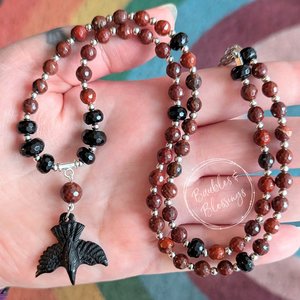 Raven Prayer Bead Necklace with Apple Jasper & Onyx