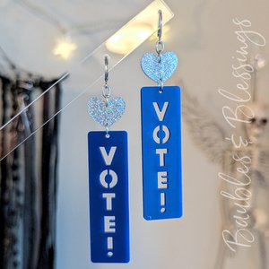 XL Vote Blue Earrings with Holographic Glitter Hearts