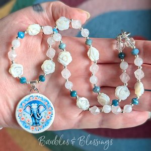 Ganesha Necklace with Apatite, MOP & Rainbow Moonstone