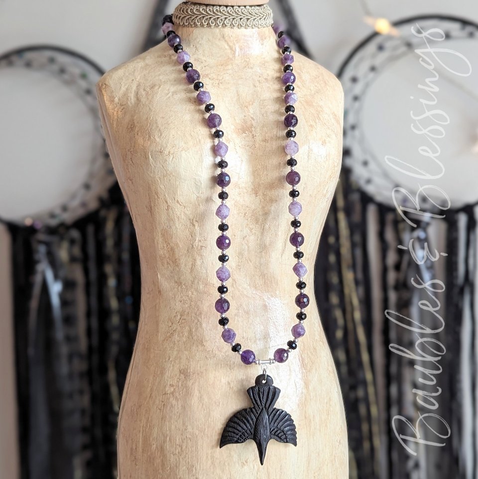 RESERVED for W: Lepidolite & Amethyst Raven Necklace