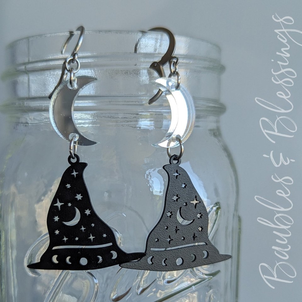 Matte Black Witch Hat Earrings with Mirrored Moons