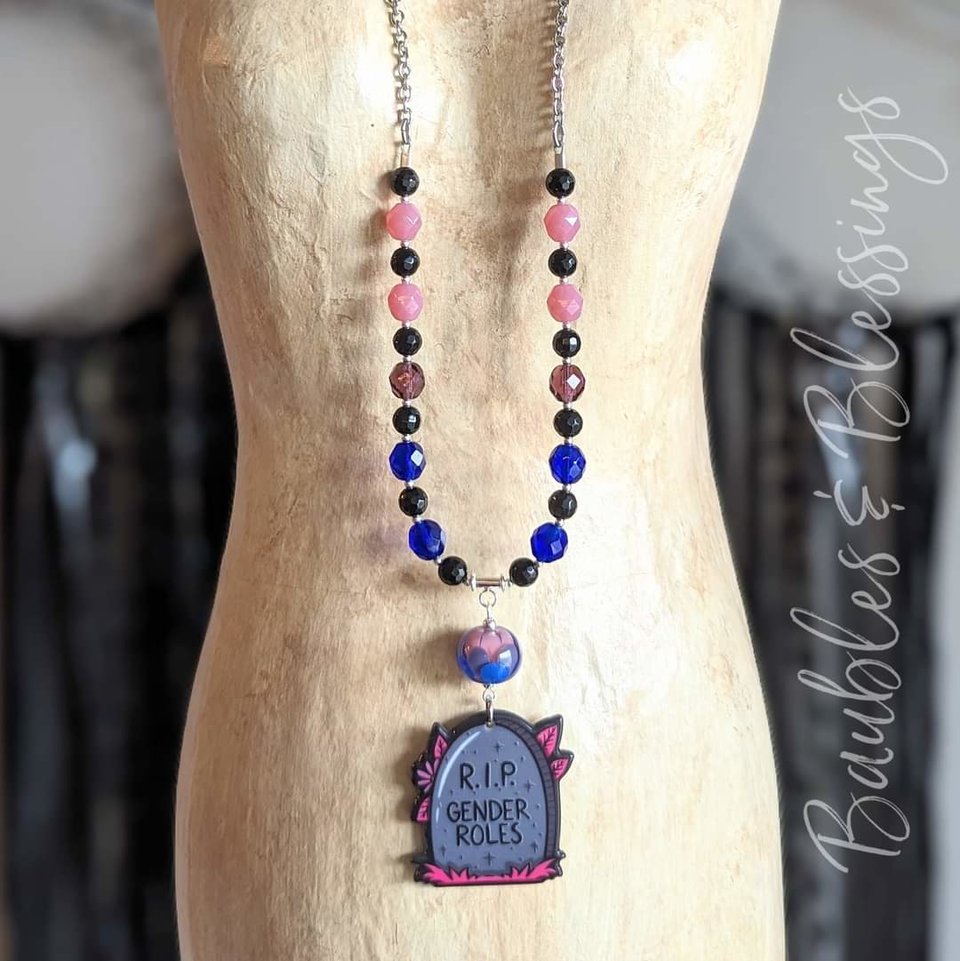 RESERVED for J: Custom RIP Gender Roles/Bi Pride Necklace