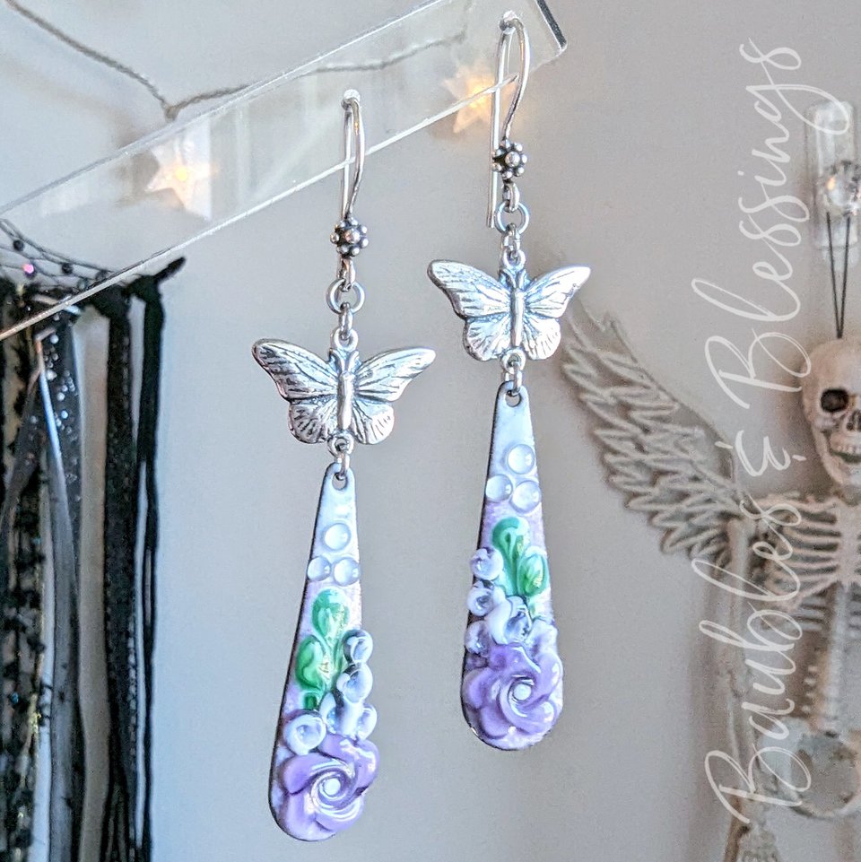 Butterfly Earrings with Lampwork Enameled Purple Flowers
