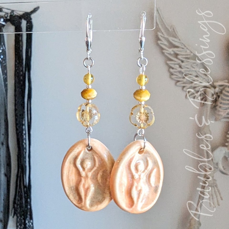 Orange Goddess Earrings with Amber & Golden Tiger's Eye