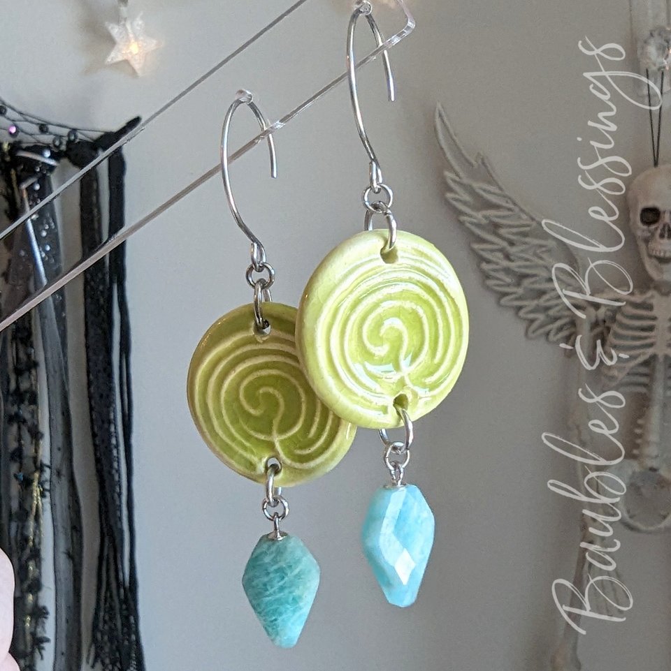 Lime Labyrinth Earrings with Faceted Amazonite Drops