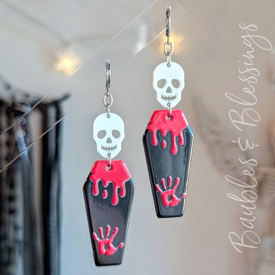 Acrylic Coffin & Skull Earrings with Bloody Handprint