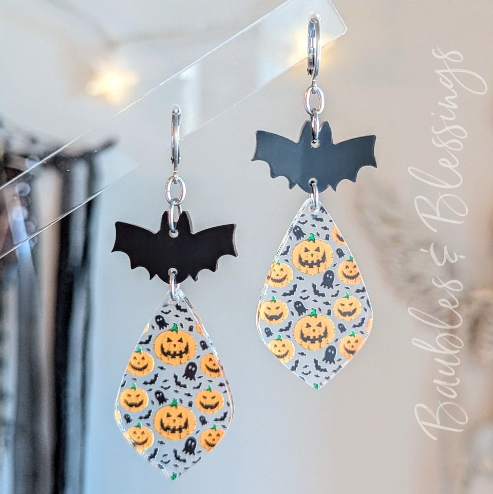 Acrylic Earrings with Bat & Jack O'lantern Charms