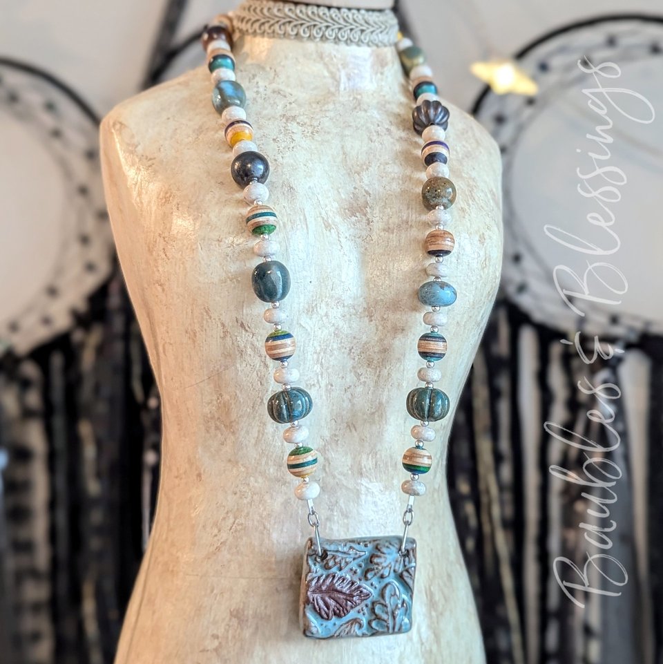 Leaf Necklace with Recycled Skate Deck, Riverstone & Gaea Beads