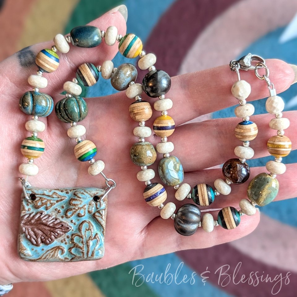 Leaf Necklace with Recycled Skate Deck, Riverstone & Gaea Beads