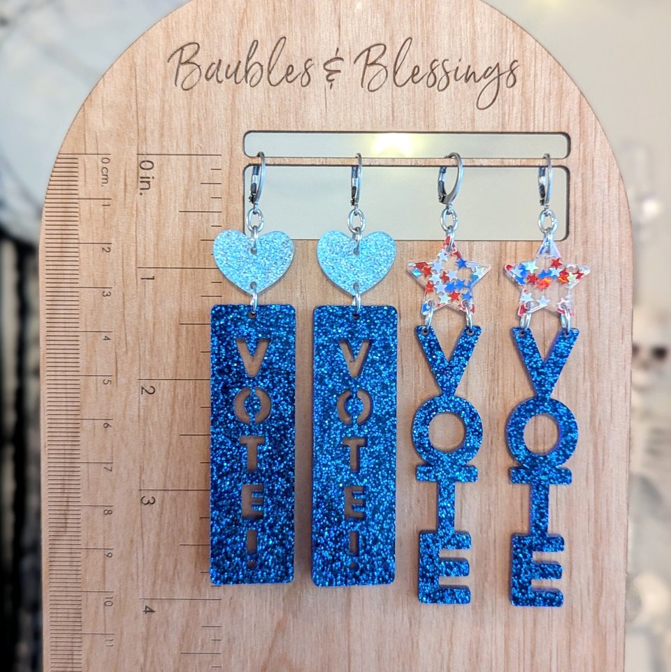 XL Vote Blue Earrings with Hearts & Glittery Bar Charms