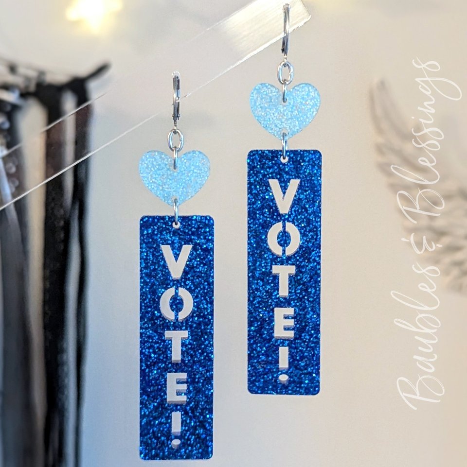 XL Vote Blue Earrings with Hearts & Glittery Bar Charms