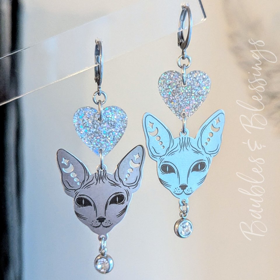 Stainless Steel & Glittery Acrylic Celestial Kitty Earrings 