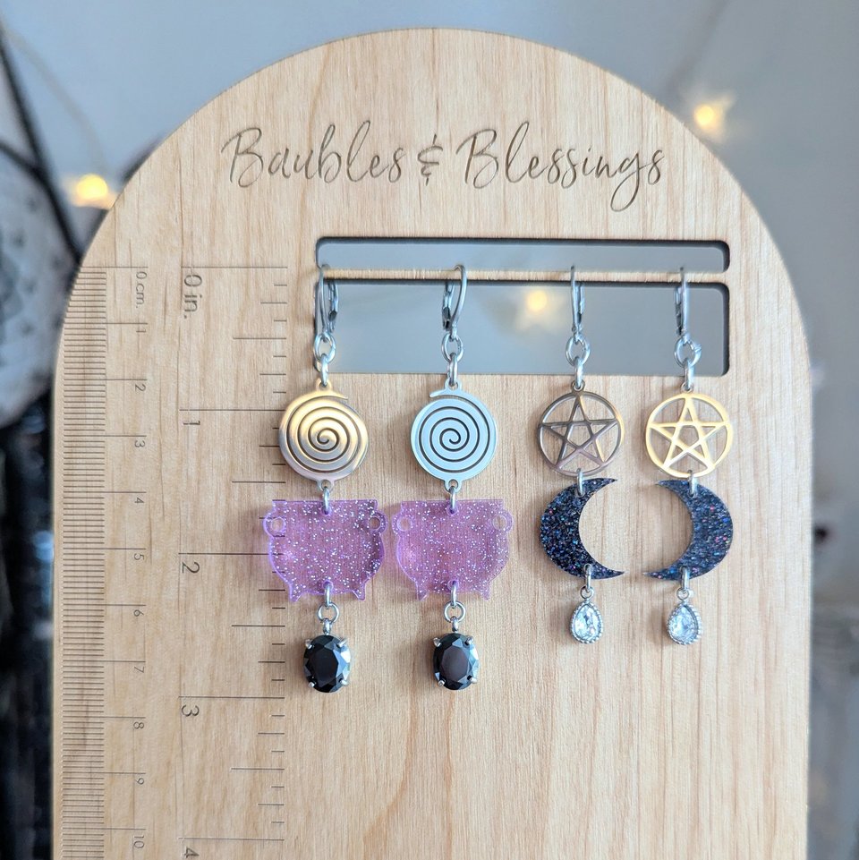 Glittery Black Crescent Moon Earrings with Pentagrams