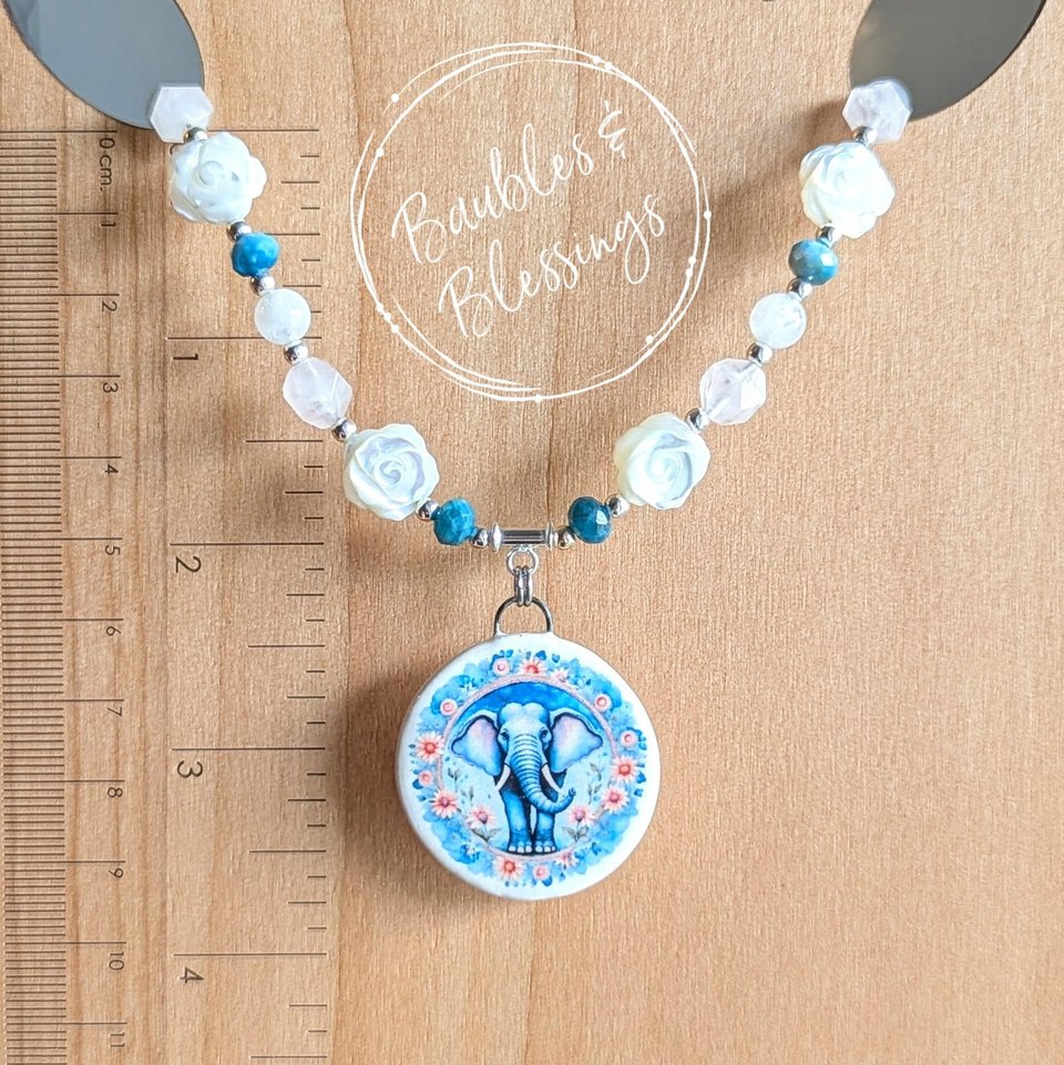 Ganesha Necklace with Apatite, MOP & Rainbow Moonstone
