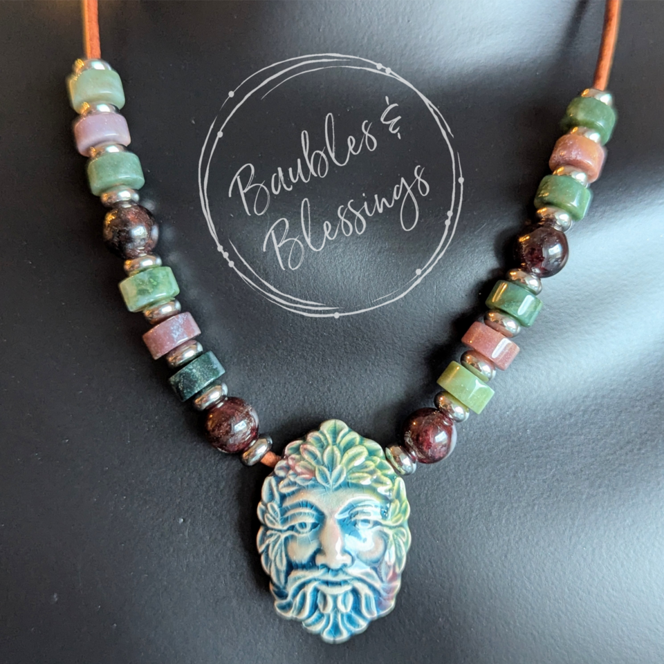 Raku-fired Ceramic Green Man Fidget Necklace