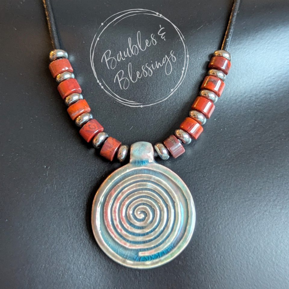 Raku-fired Ceramic Spiral & Jasper Fidget Necklace